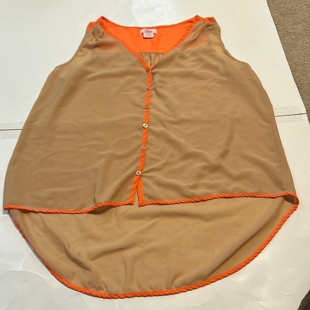 Lucy Diamonds 3X Tan & Coral  Button Down Sheer Tank Top